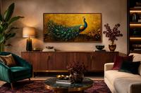 Peacock Wall Art – Framed Canvas Print With Gold Background For Living Room