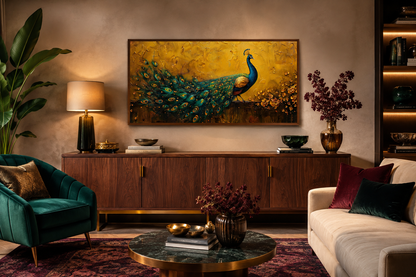 Peacock Wall Art – Framed Canvas Print With Gold Background For Living Room