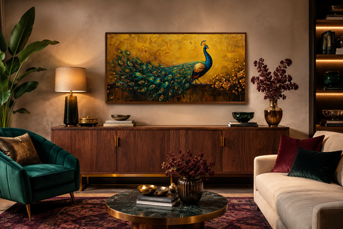 Peacock Wall Art – Framed Canvas Print With Gold Background For Living Room