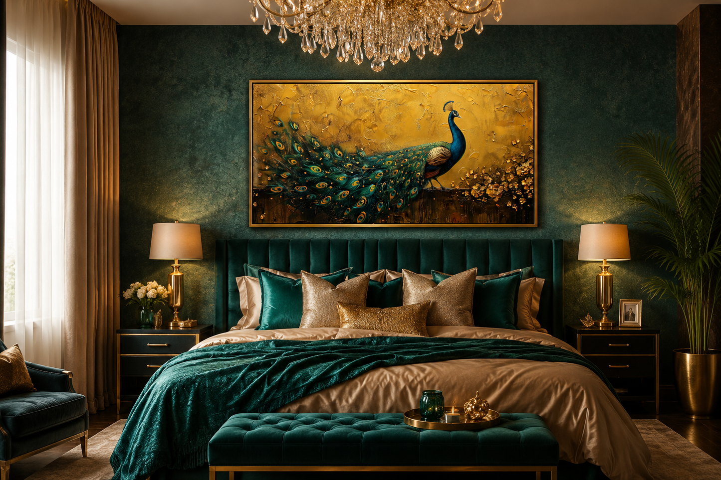 Peacock Wall Art – Framed Canvas Print With Gold Background For Living Room