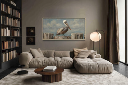 Pelican Standing On Wooden Posts Coastal Canvas Wall Art