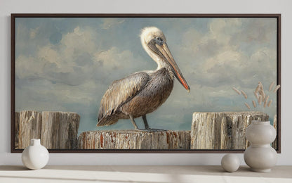 Pelican Standing On Wooden Posts Coastal Canvas Wall Art