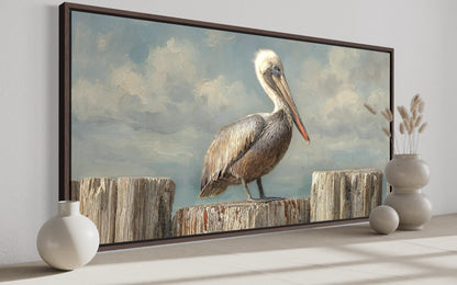 Pelican Standing On Wooden Posts Coastal Canvas Wall Art
