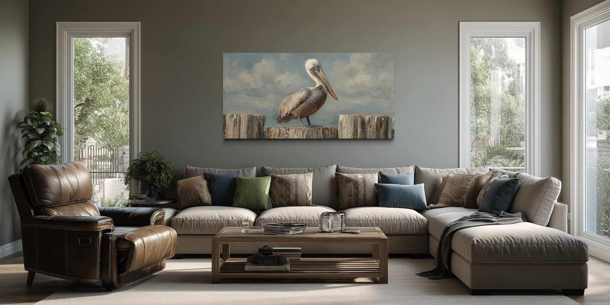 Pelican Standing On Wooden Posts Coastal Canvas Wall Art
