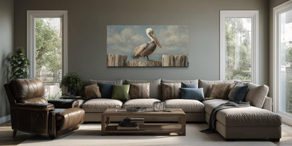 Pelican Standing On Wooden Posts Coastal Canvas Wall Art