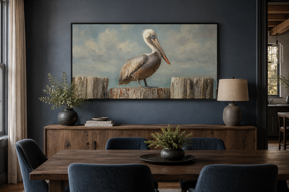 Pelican Standing On Wooden Posts Coastal Canvas Wall Art