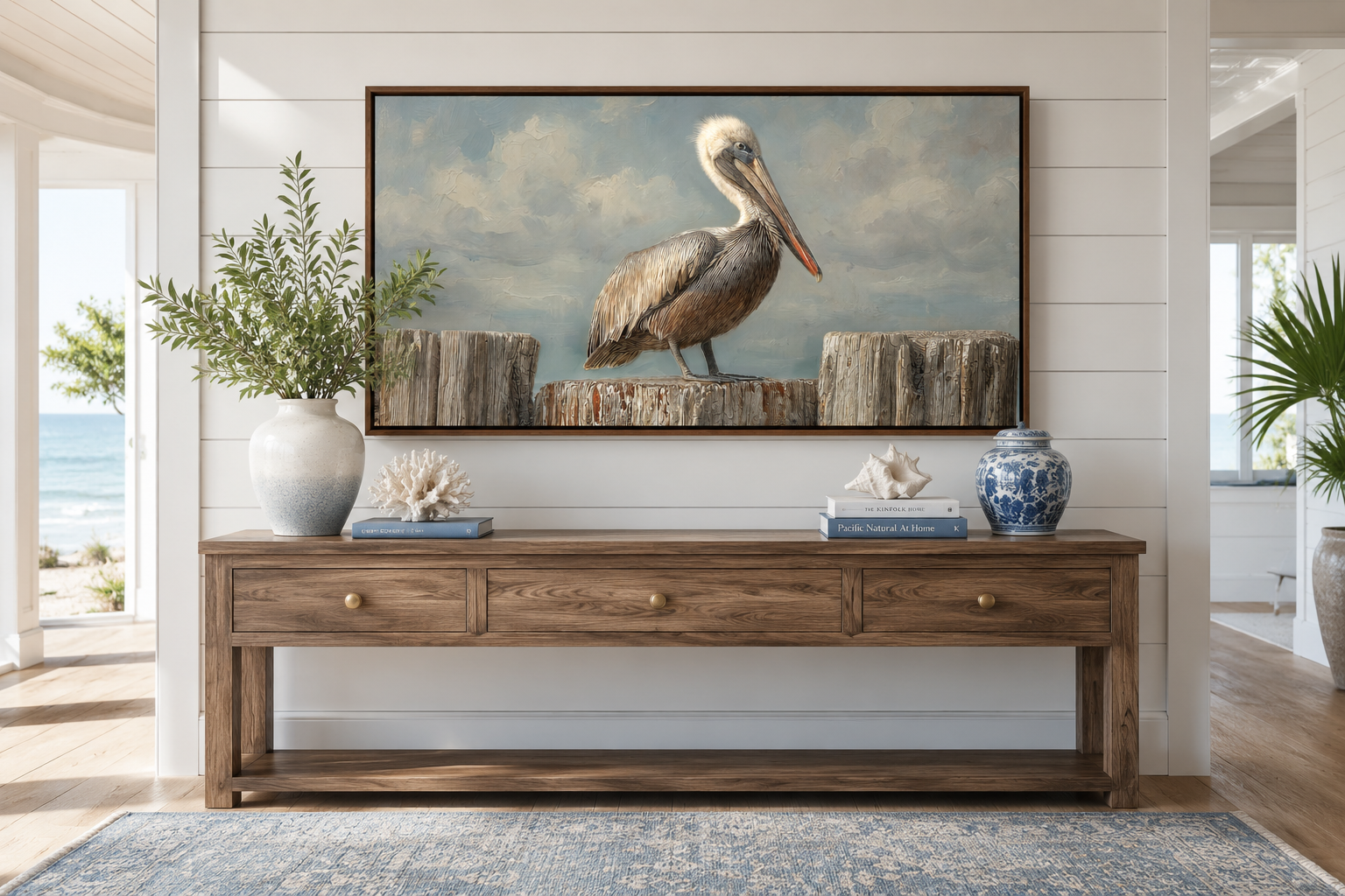 Pelican Standing On Wooden Posts Coastal Canvas Wall Art