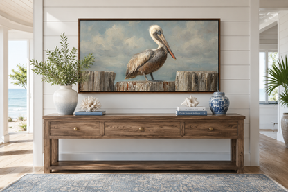 Pelican Standing On Wooden Posts Coastal Canvas Wall Art