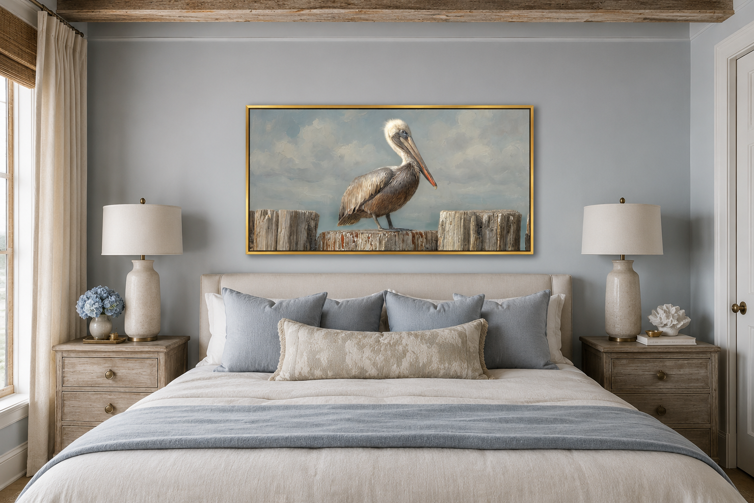Pelican Standing On Wooden Posts Coastal Canvas Wall Art