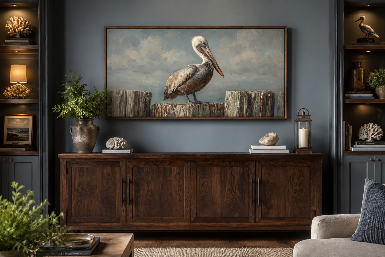 Pelican Standing On Wooden Posts Coastal Canvas Wall Art
