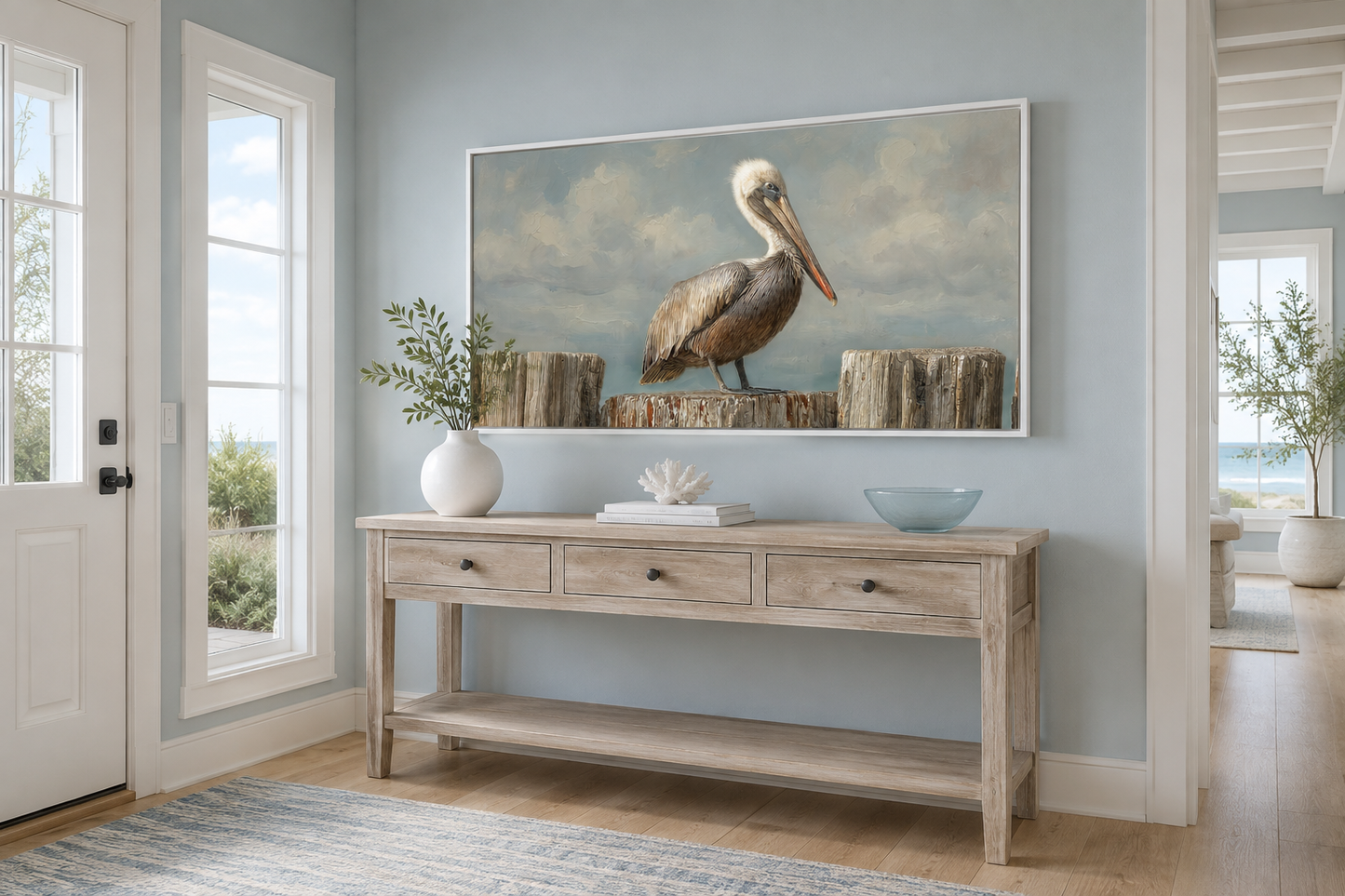 Pelican Standing On Wooden Posts Coastal Canvas Wall Art