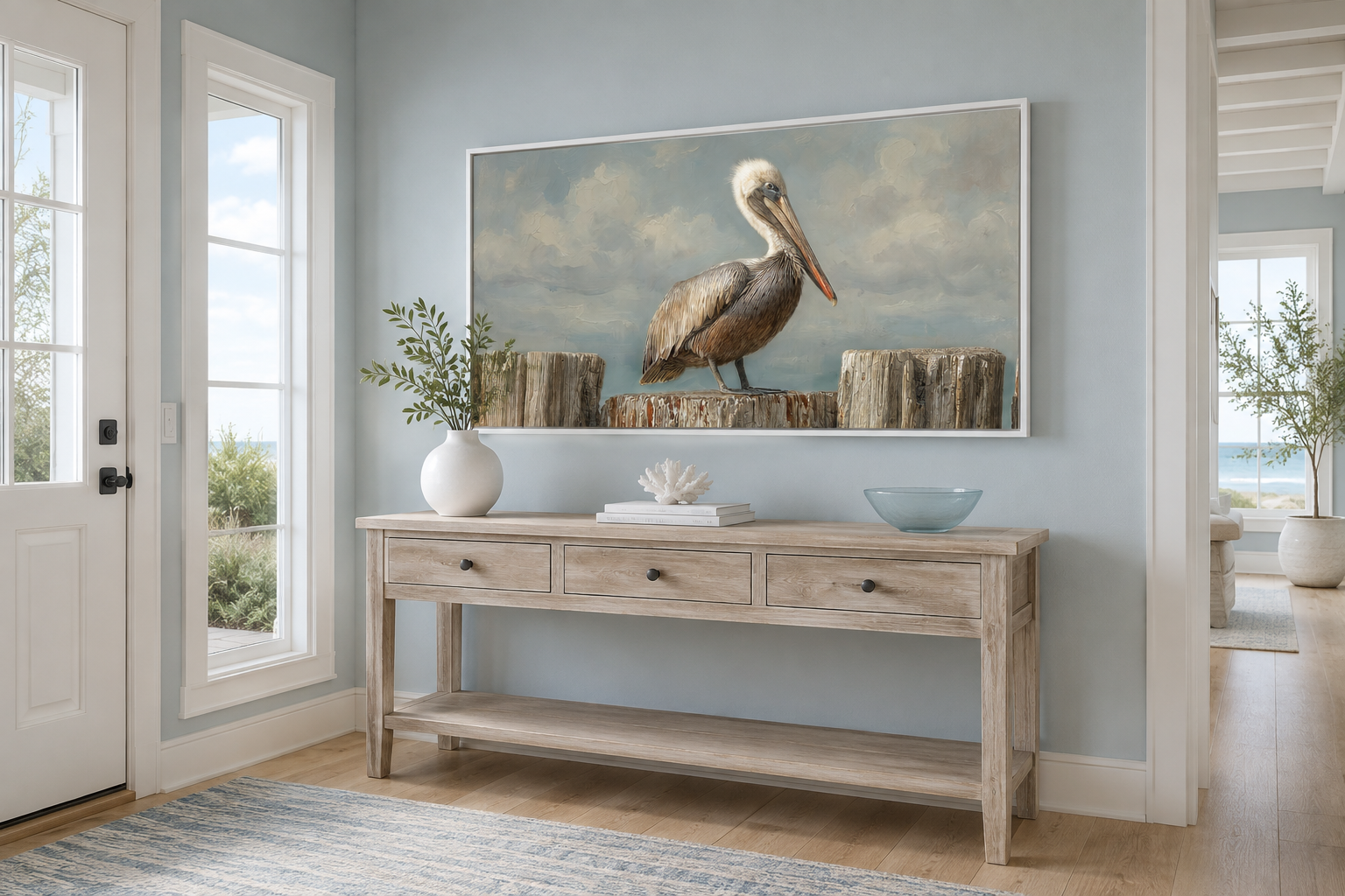 Pelican Standing On Wooden Posts Coastal Canvas Wall Art