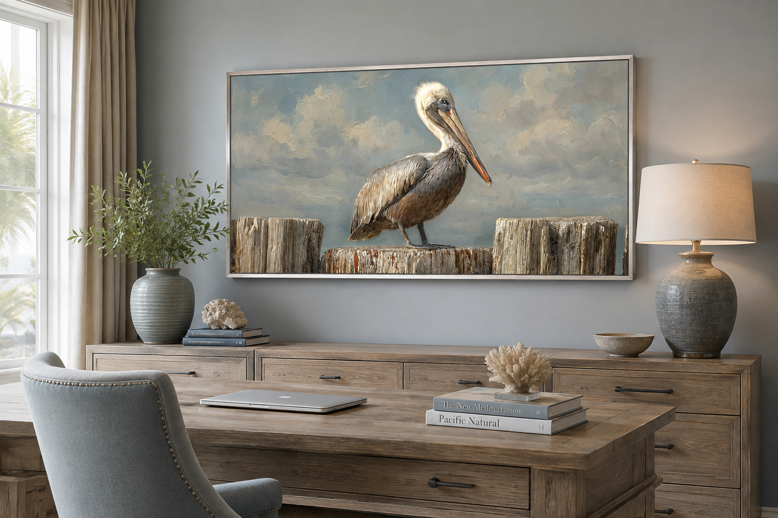 Pelican Standing On Wooden Posts Coastal Canvas Wall Art