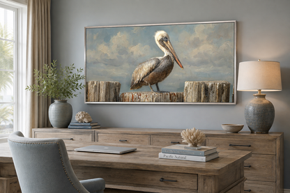 Pelican Standing On Wooden Posts Coastal Canvas Wall Art
