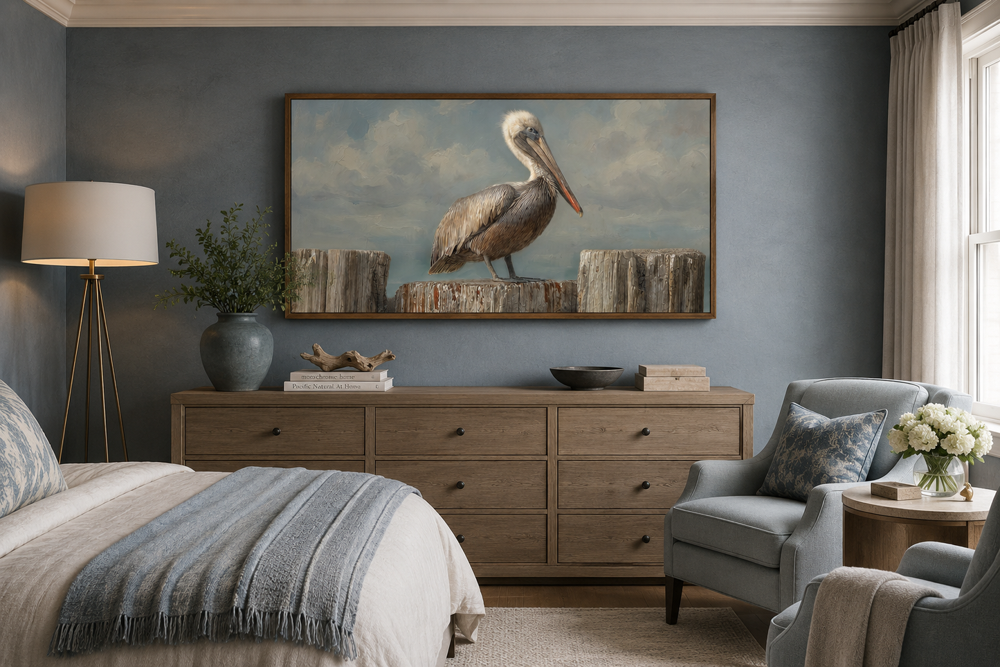Pelican Standing On Wooden Posts Coastal Canvas Wall Art