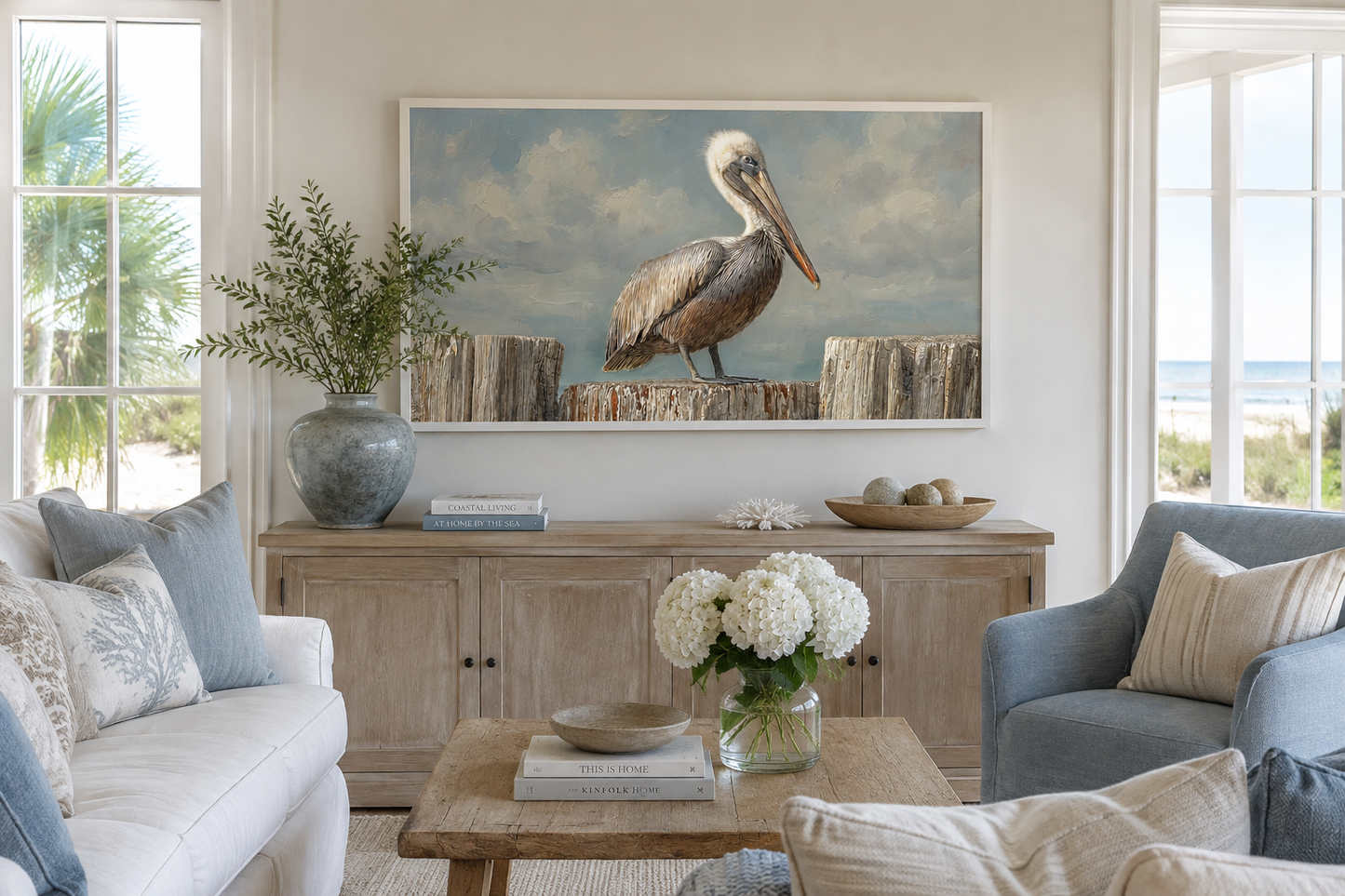 Pelican Standing On Wooden Posts Coastal Canvas Wall Art