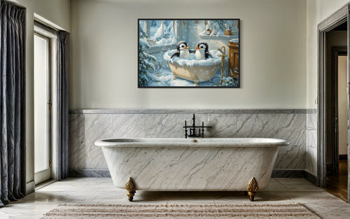 Penguins in a Bathtub Framed Canvas Wall Art
