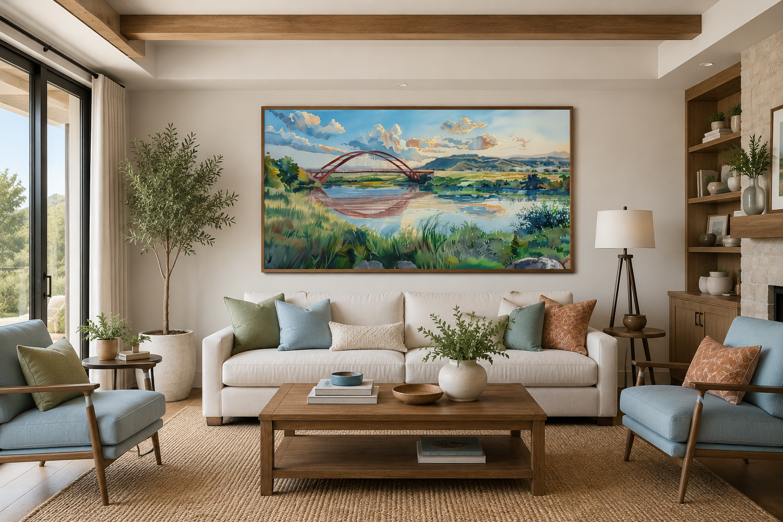 Pennybacker Bridge Watercolor Painting Austin Texas Wall Art