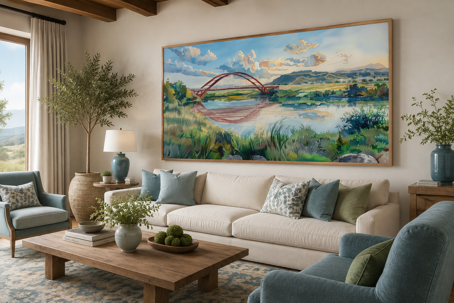 Pennybacker Bridge Watercolor Painting Austin Texas Wall Art