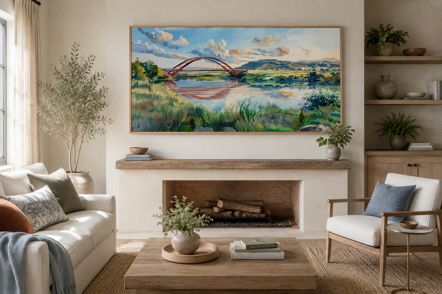 Pennybacker Bridge Watercolor Painting Austin Texas Wall Art