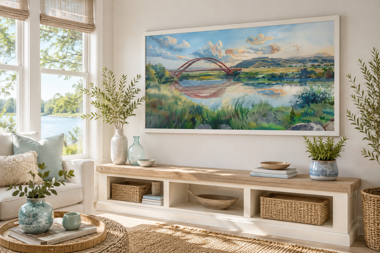 Pennybacker Bridge Watercolor Painting Austin Texas Wall Art