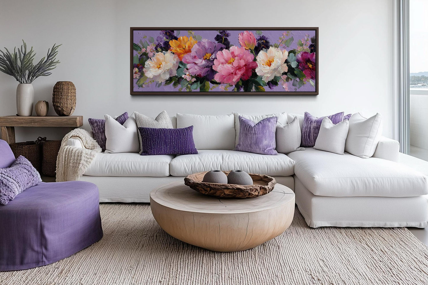 Peony Floral Long Horizontal Purple Pink Bedroom Canvas Wall Art