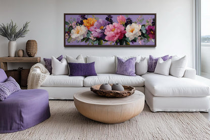Peony Floral Long Horizontal Purple Pink Bedroom Canvas Wall Art