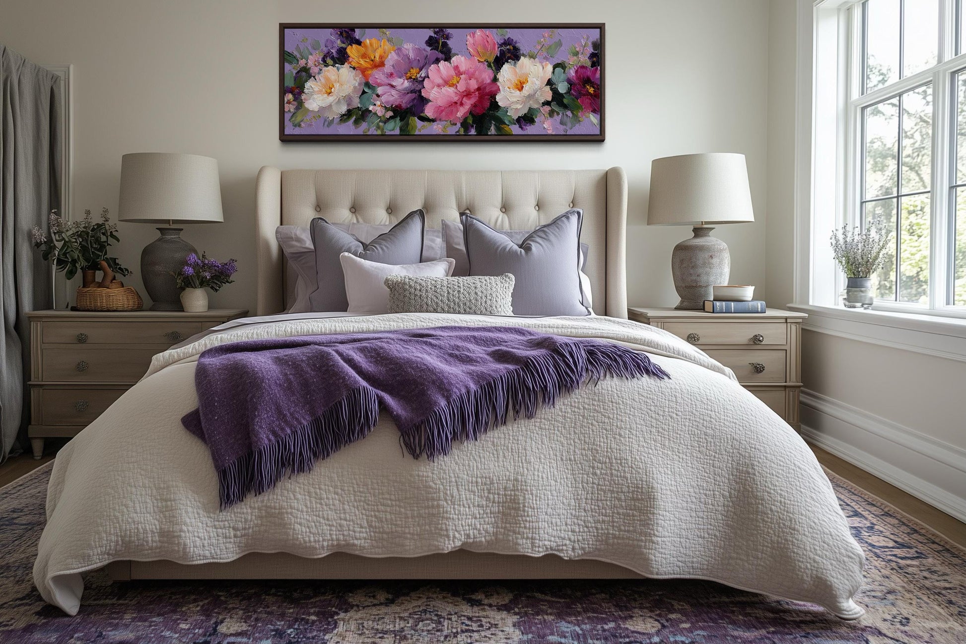 Peony Floral Long Horizontal Purple Pink Bedroom Canvas Wall Art