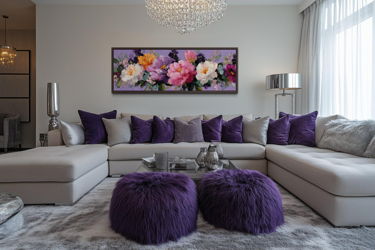 Peony Floral Long Horizontal Purple Pink Bedroom Canvas Wall Art