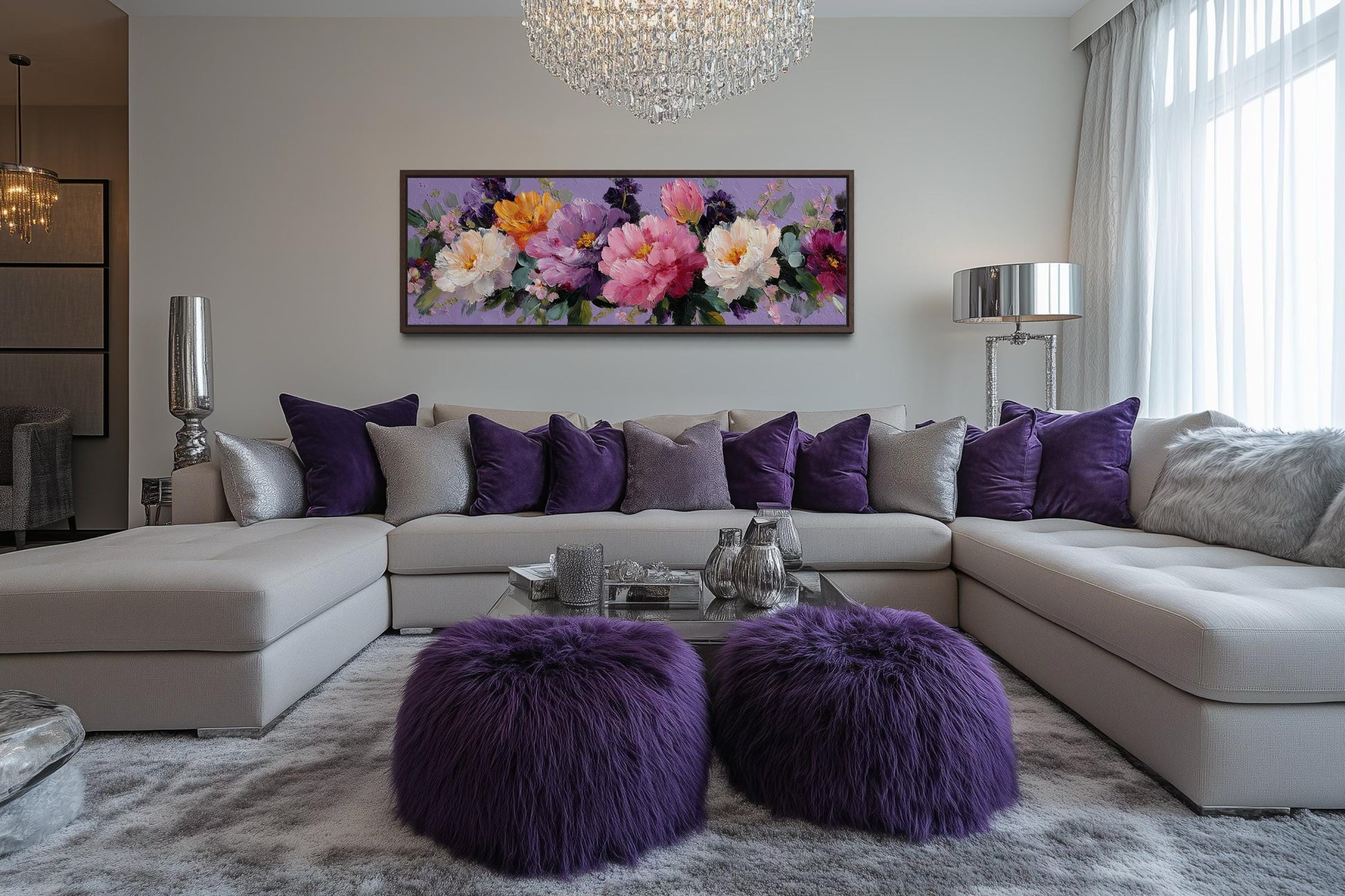 Peony Floral Long Horizontal Purple Pink Bedroom Canvas Wall Art