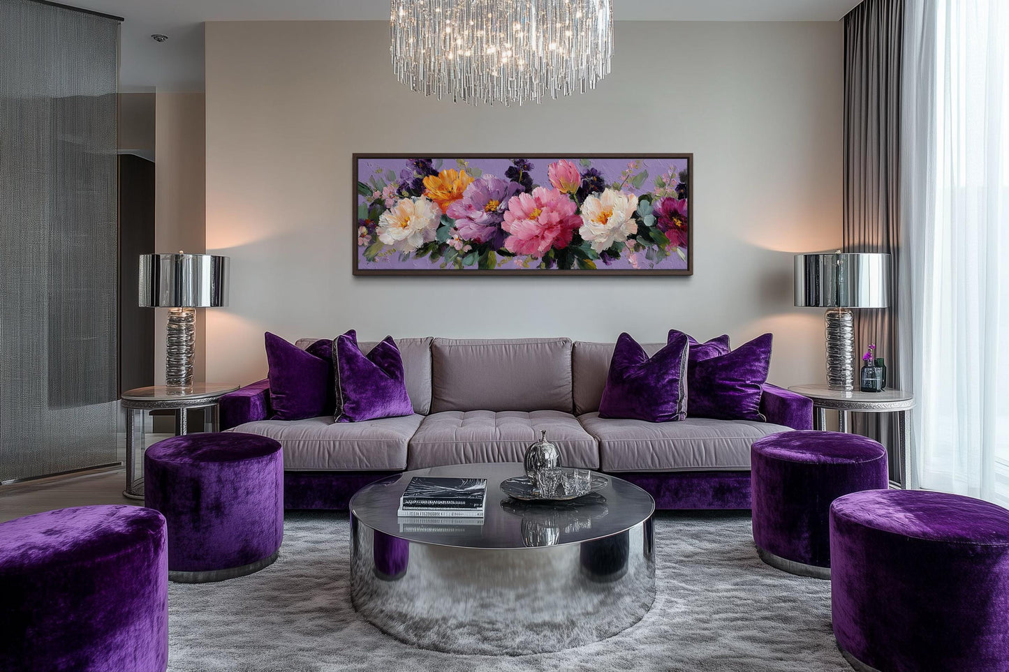 Peony Floral Long Horizontal Purple Pink Bedroom Canvas Wall Art