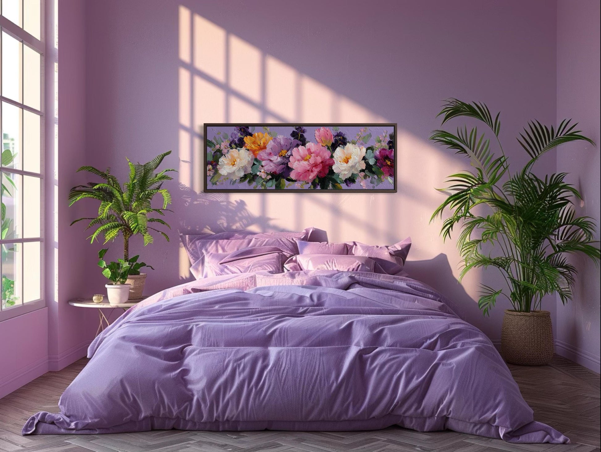 Peony Floral Long Horizontal Purple Pink Bedroom Canvas Wall Art