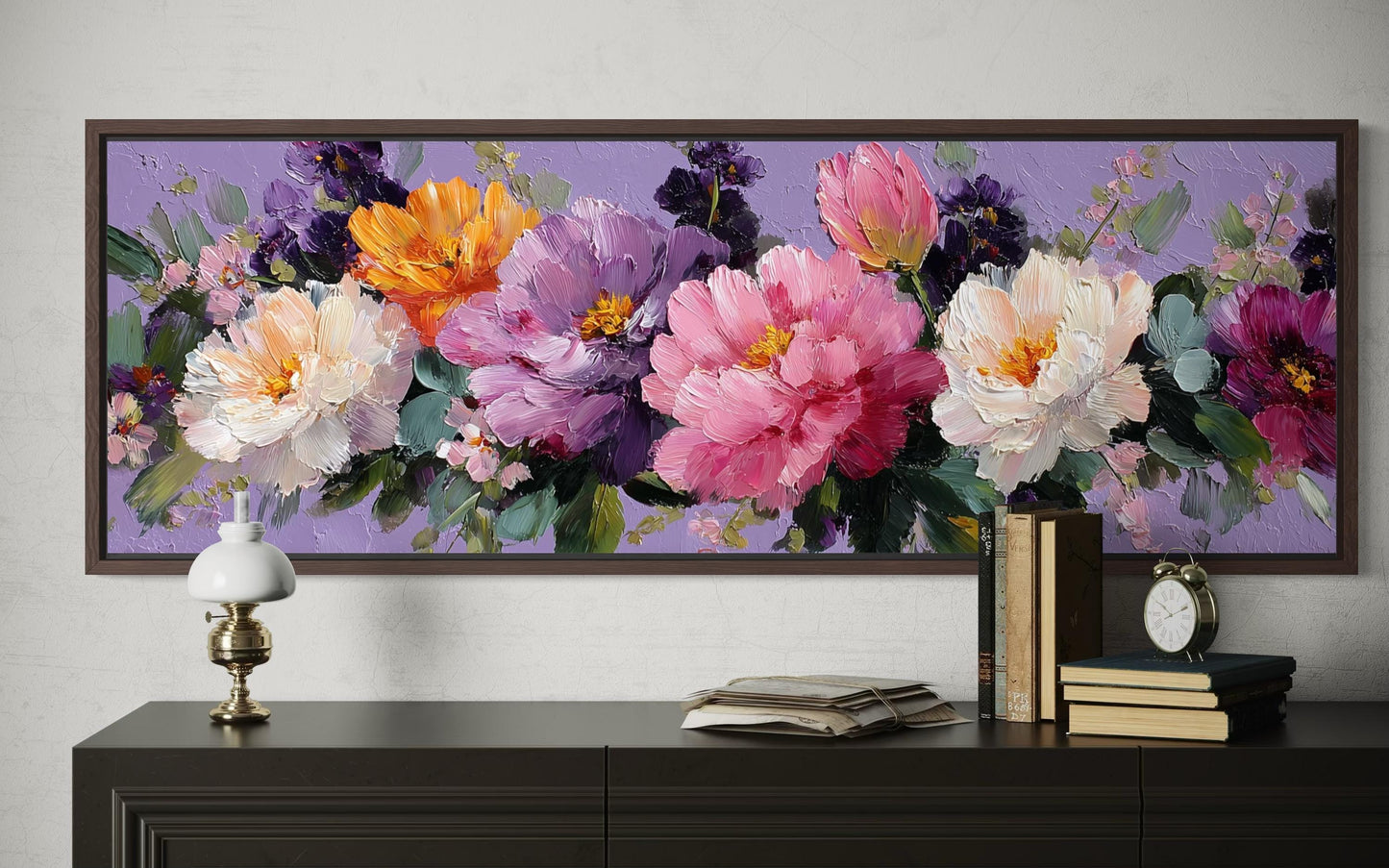 Peony Floral Long Horizontal Purple Pink Bedroom Canvas Wall Art