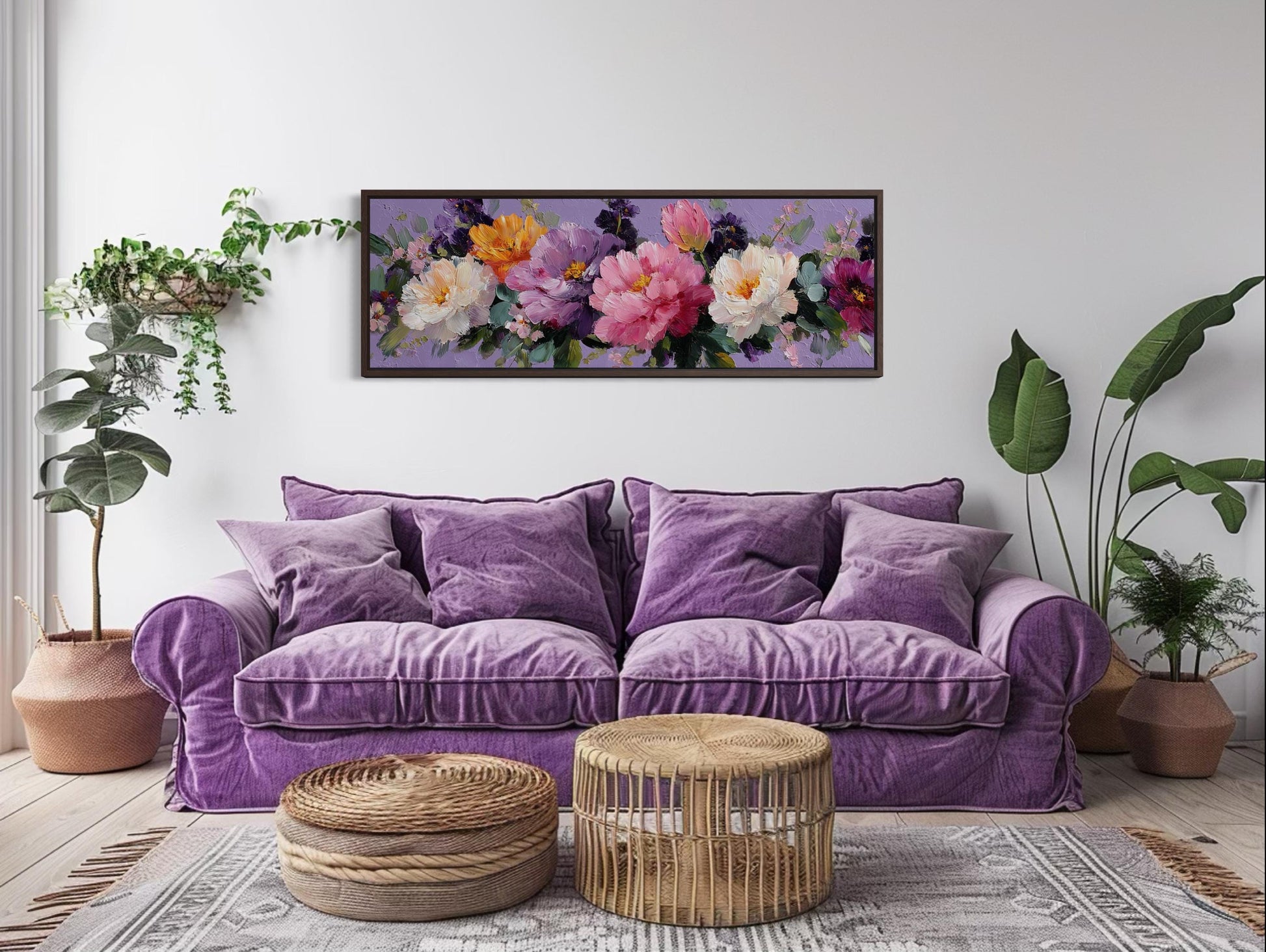 Peony Floral Long Horizontal Purple Pink Bedroom Canvas Wall Art