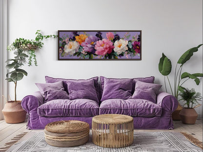 Peony Floral Long Horizontal Purple Pink Bedroom Canvas Wall Art