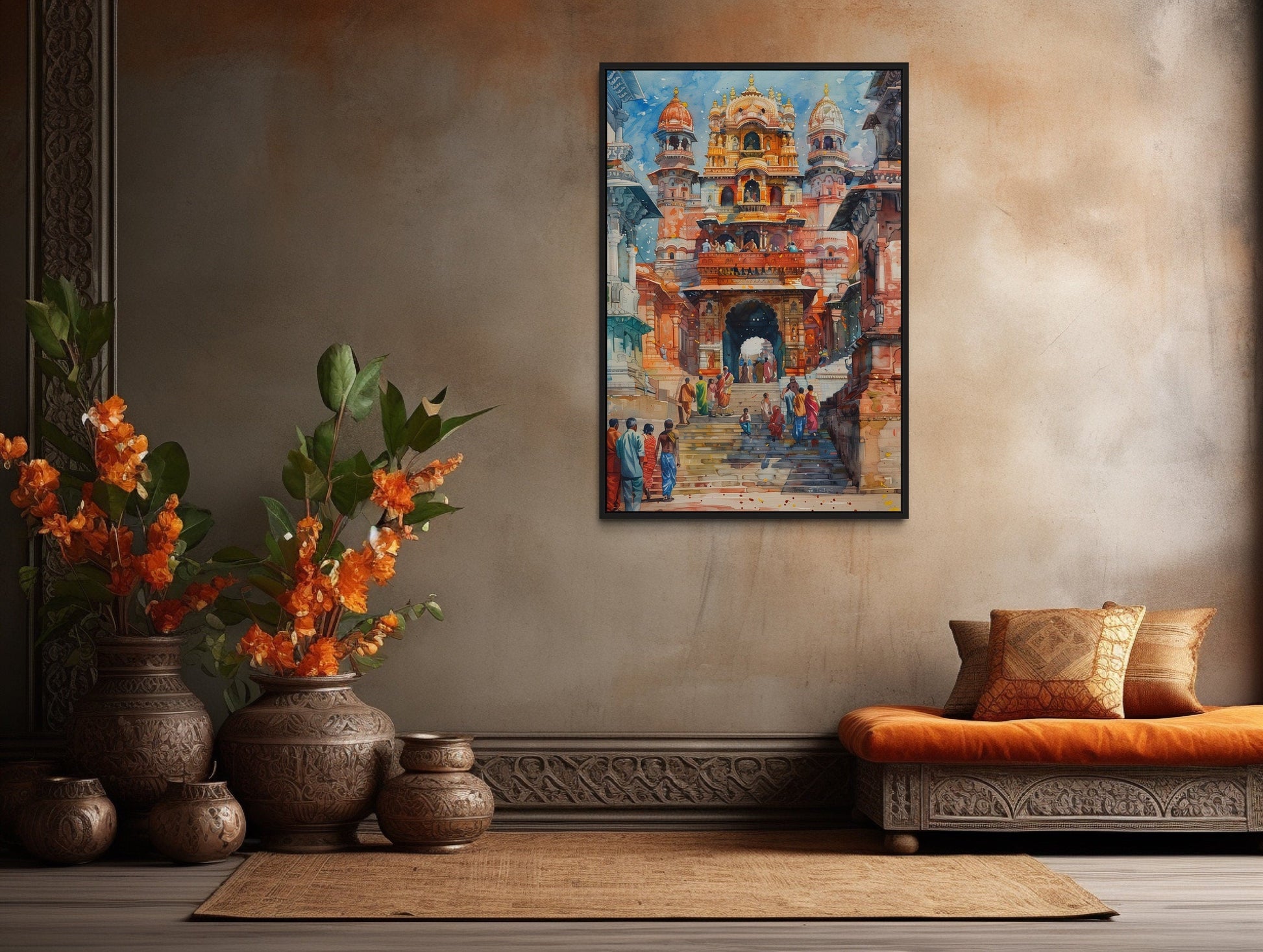 People Going To Indian Temple Framed Canvas Wall Art