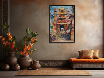 People Going To Indian Temple Framed Canvas Wall Art