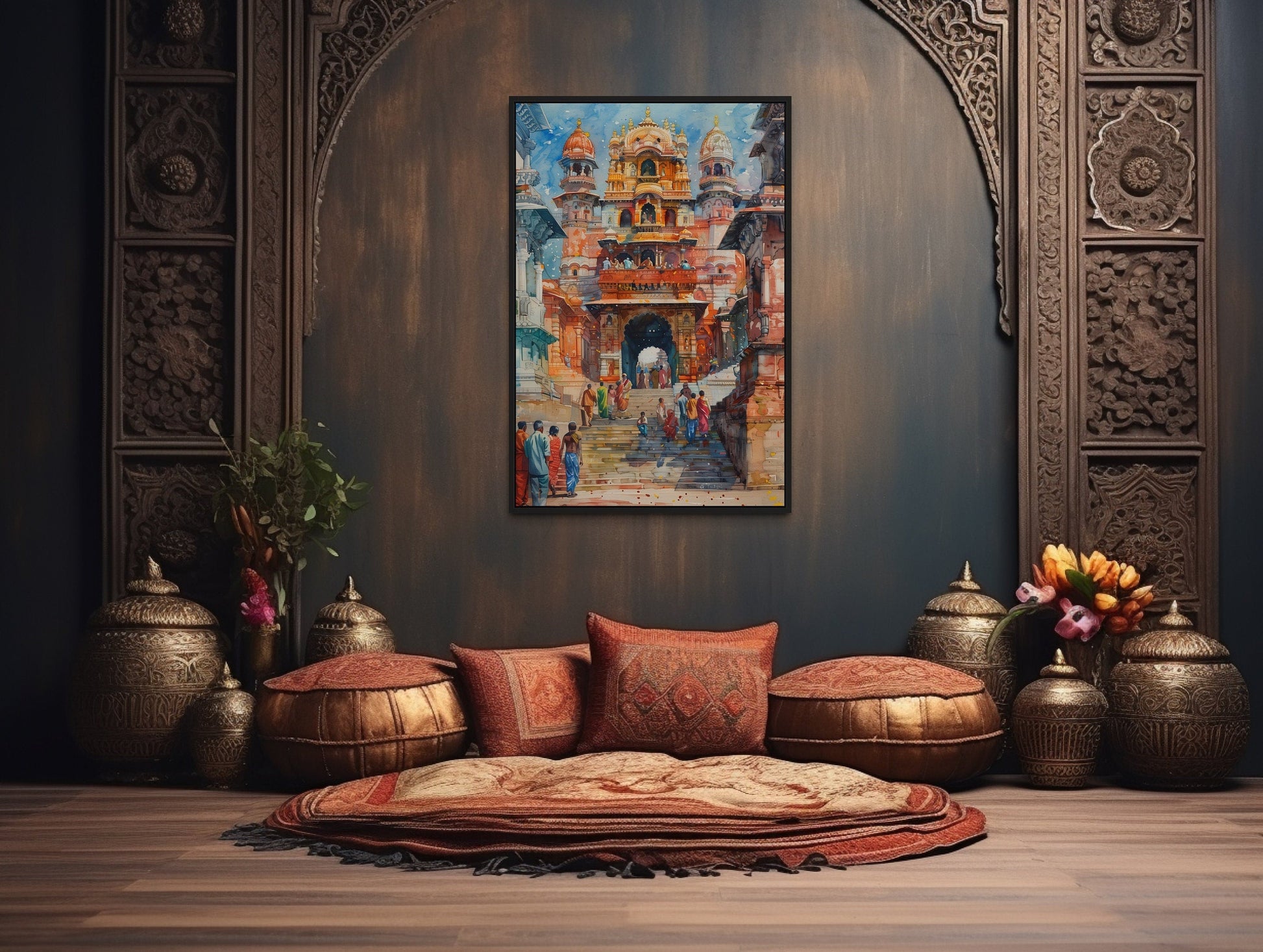 People Going To Indian Temple Framed Canvas Wall Art