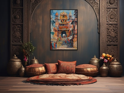People Going To Indian Temple Framed Canvas Wall Art