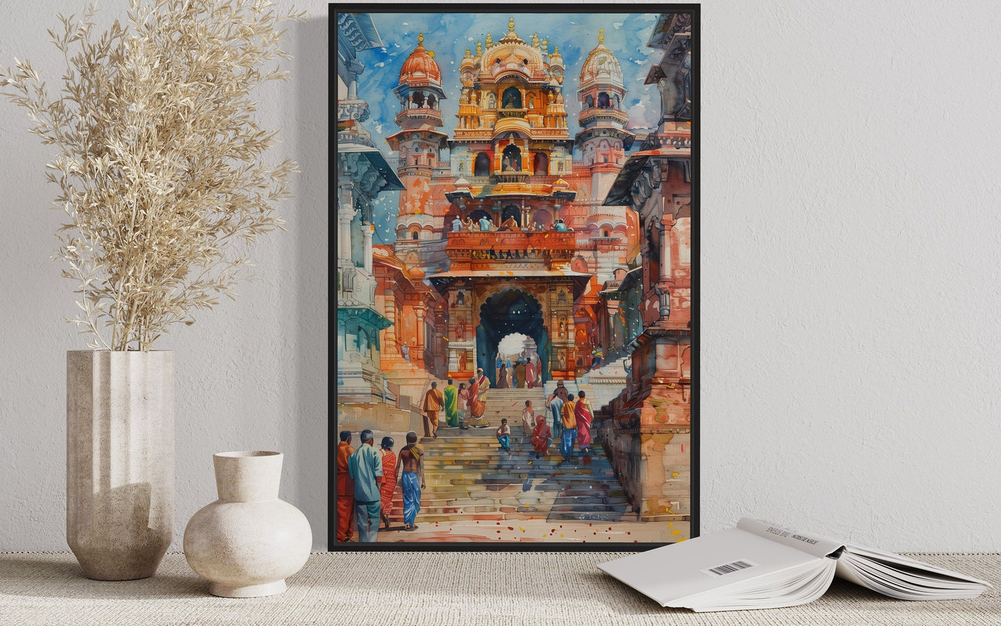 People Going To Indian Temple Framed Canvas Wall Art