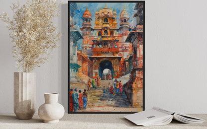 People Going To Indian Temple Framed Canvas Wall Art