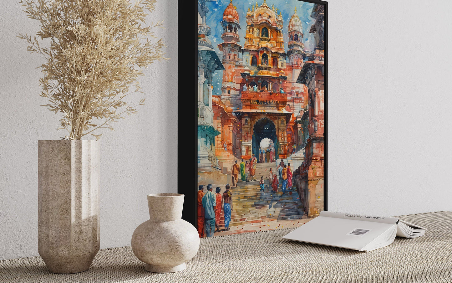 People Going To Indian Temple Framed Canvas Wall Art