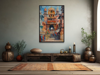 People Going To Indian Temple Framed Canvas Wall Art