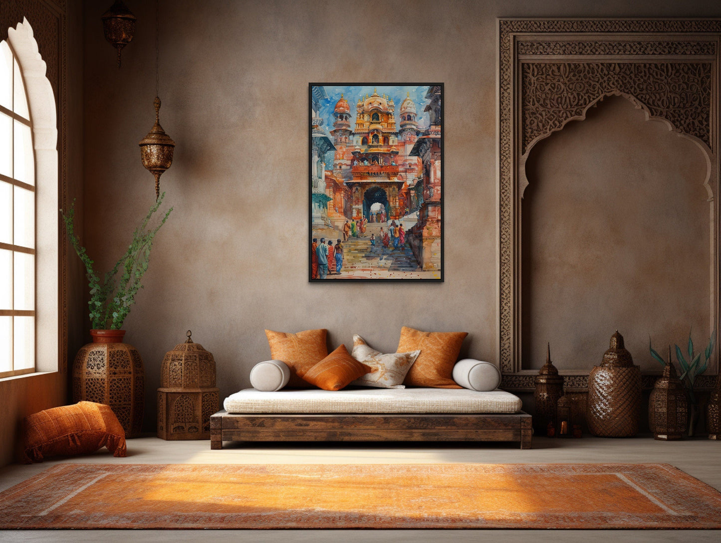 People Going To Indian Temple Framed Canvas Wall Art
