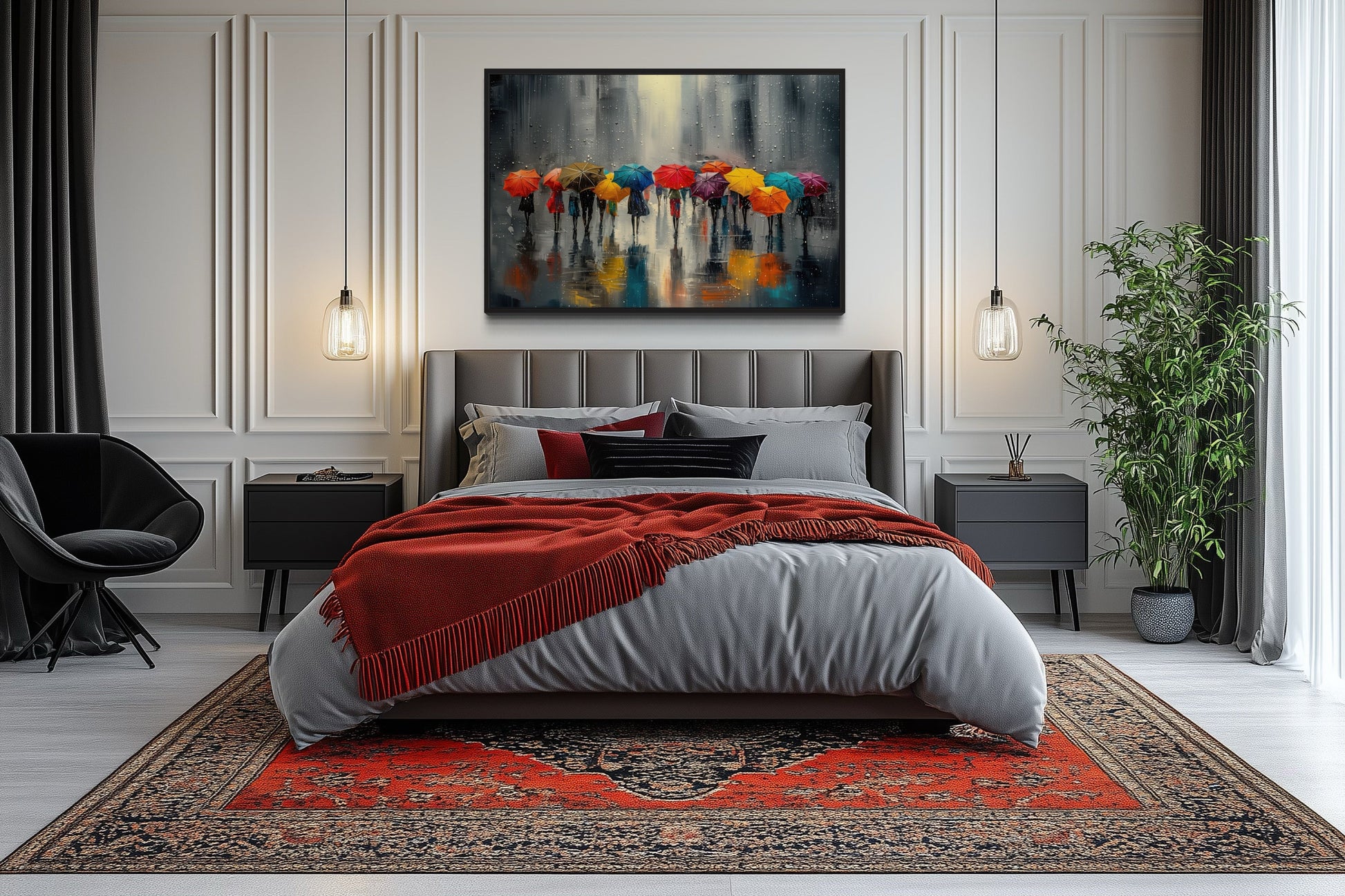 People With Colorful Umbrellas In Rainy City Framed Canvas Wall Art