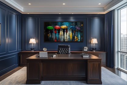 People With Colorful Umbrellas In Rainy City Wall Art For Office Decor