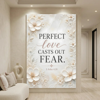 Decorative wall art with floral design and inspirational quote in a living room setting. Love Casts Out Fear – 1 John 4:18
