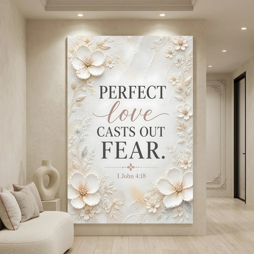Decorative wall art with floral design and inspirational quote in a living room setting. Love Casts Out Fear – 1 John 4:18