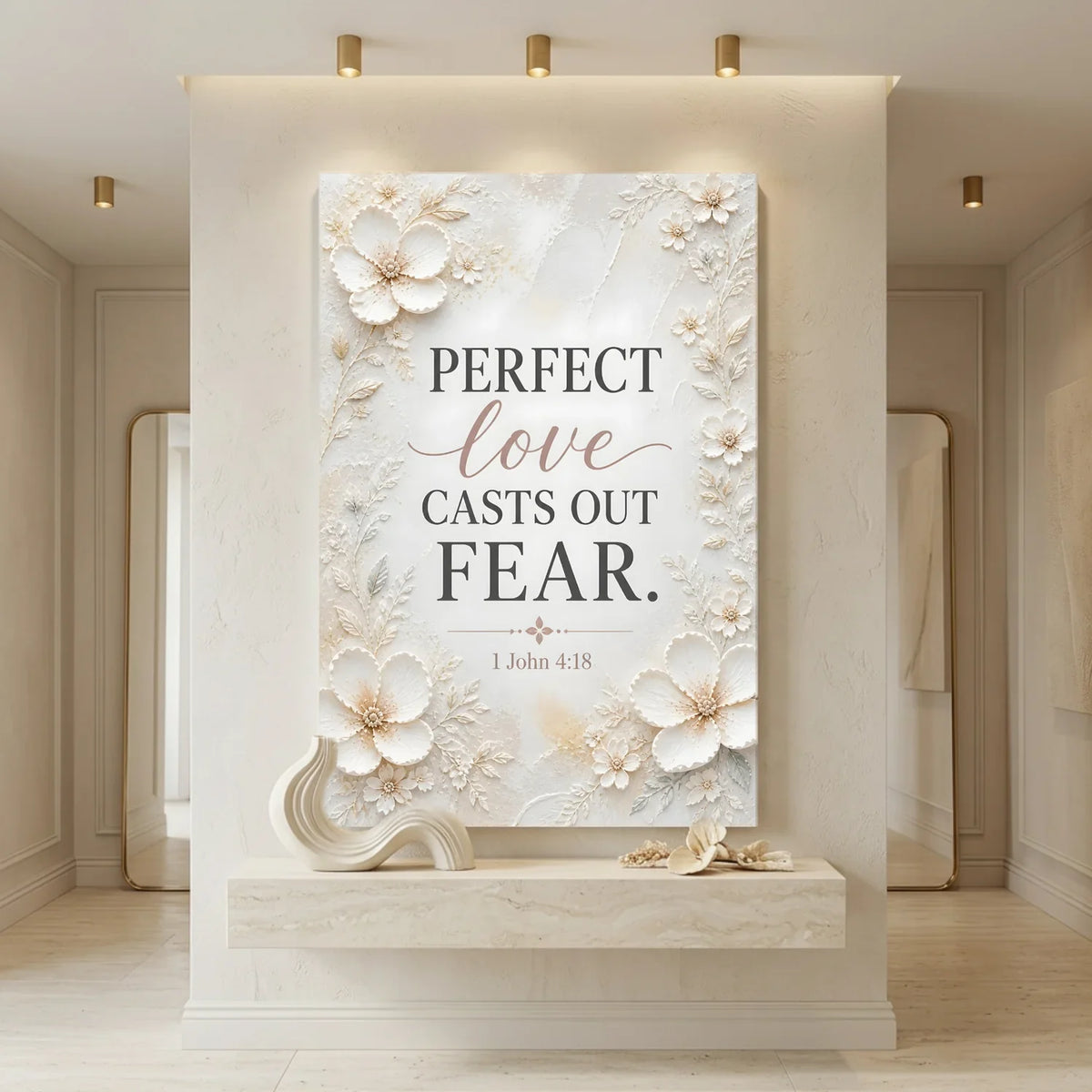 Decorative wall art with floral design and inspirational quote in a room setting.