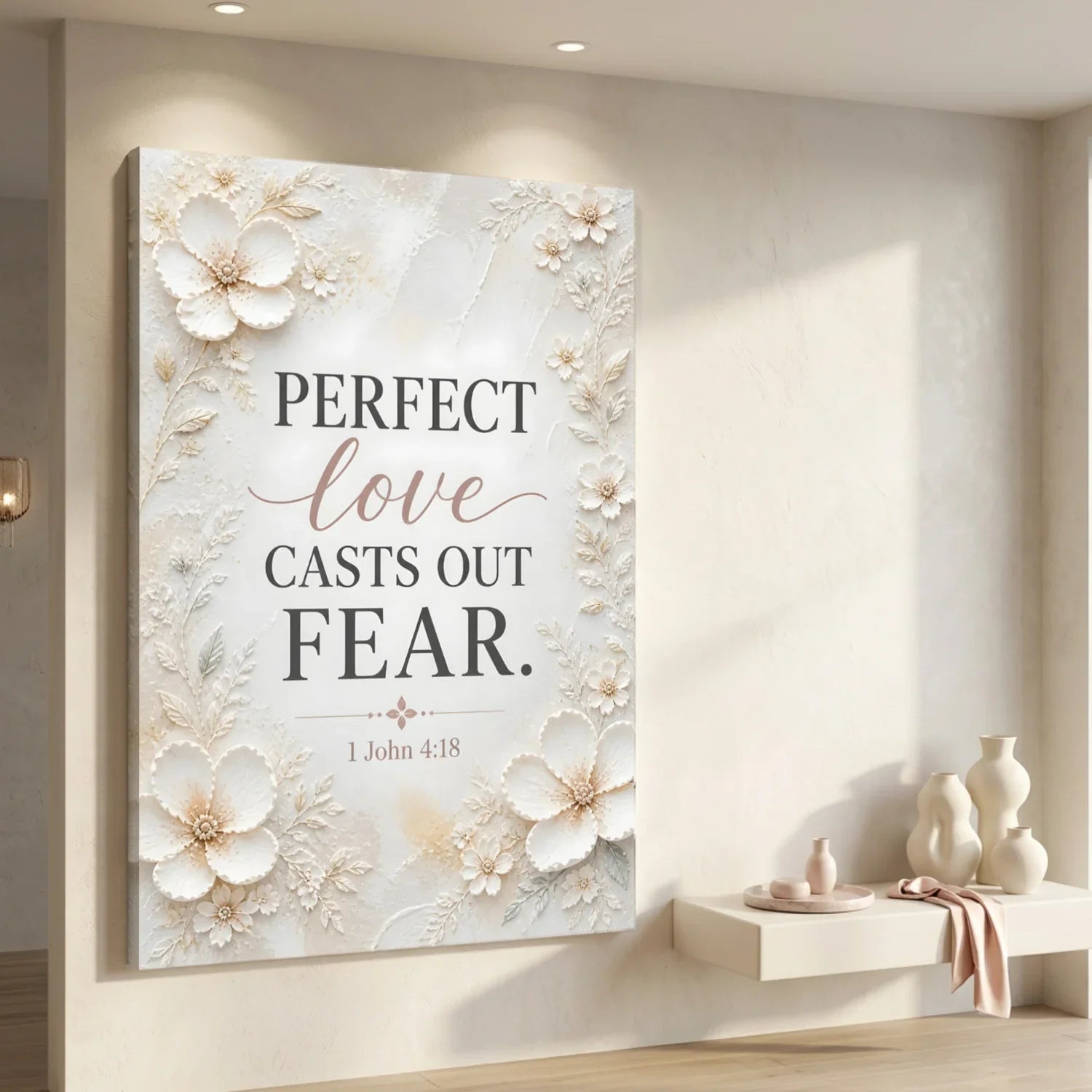 Decorative wall art with floral design and inspirational quote in a home setting. Love Casts Out Fear – 1 John 4:18